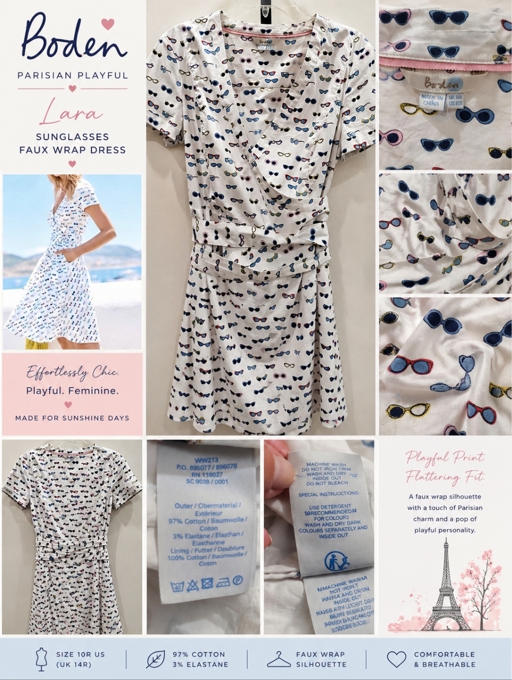 Sz 10R US Boden Parisian Playful Lara Sunglasses Faux Wrap Dress